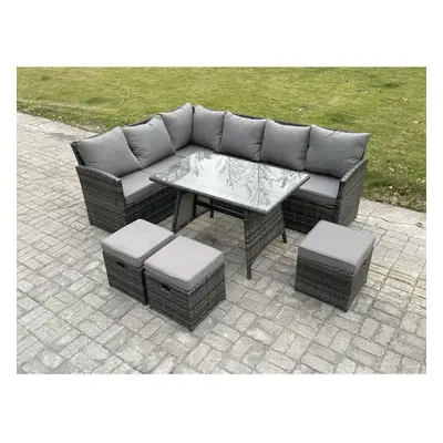 Fimous Wicker Rattan Garden Furniture Corner Sofa Set with Oblong Dining Table Small Footstools 