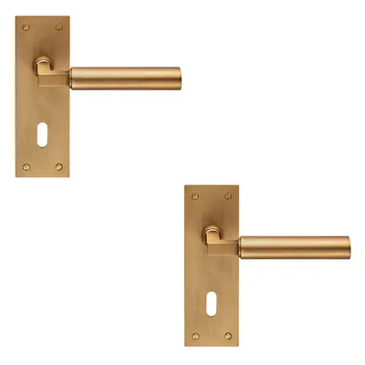 2x PAIR Round Bar Handle on Slim Lock Backplate x 50mm Antique Brass