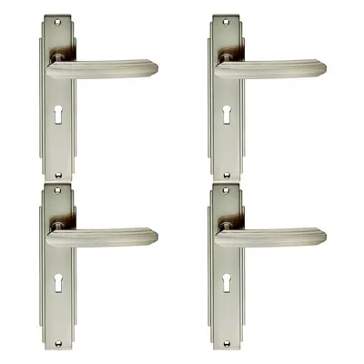 4x PAIR Line Detailed Handle on Lock Backplate x 45mm Satin Nickel