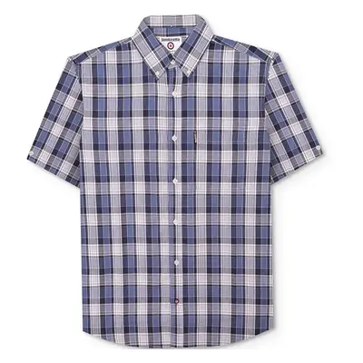 (L, Navy/White) Lambretta Mens Short Sleeve Cotton Check Button Down Collar Shirt - Navy/White