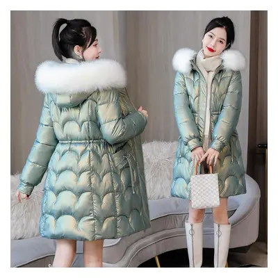 (green, L) New Winter Thick Jacket Long Down Parka Jacket Women Bright Waterproof Overcoat Loose