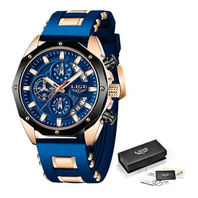 (Gold Blue) LIGE New Watch Men Luxury Brand Big Dial Watches Men Waterproof Quartz Wristwatch Sp