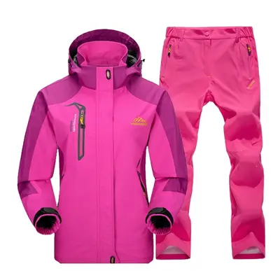 (Rose Red, Asian Size l) Outdoor Waterproof Hiking Jacket Set Women Spring Autumn Breathable Hoo