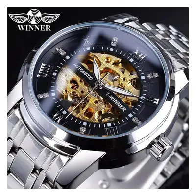 (ivory) Winner Golden Black Diamond Dial Skeleton Stainless Steel Waterproof Luminous Hand Rome 