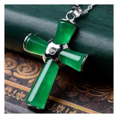 (as the picture) Silver Necklace Set With Chrysoprase Cross Pendant Women In Europe And The Wind