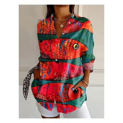 (LD3653, XL) Fashion shirt 3D printing HD fish pattern shirt daily casual shirt soft fabric fitn