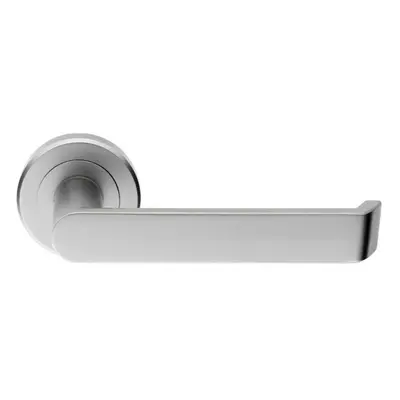 PAIR Flat Faced Lever on Round Rose Chamfered Edge Concealed Fix Satin Chrome