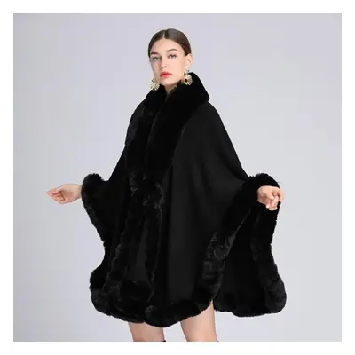 (black, One size) Elegant V Lapel Faux Rex Rabbit Fur Coat Cape Winter Women Big Long Shawl Full