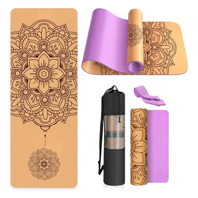 (Purple-Mandala) Eco-Friendly Yoga Mat - Cork Non Slip Unique Design Natural Cork TPE Exercise M