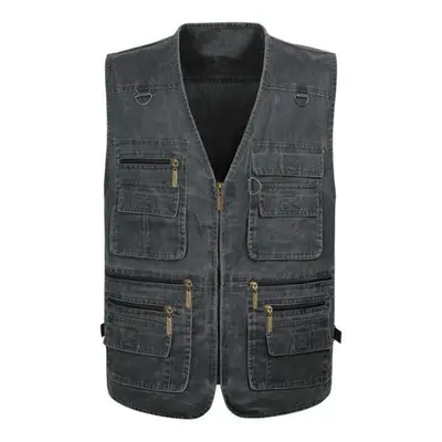 (grey, 9XL) Men&apos;s Vest Casual Jacket Spring And Autumn Loose Style Cotton Multi-pocket Zipp