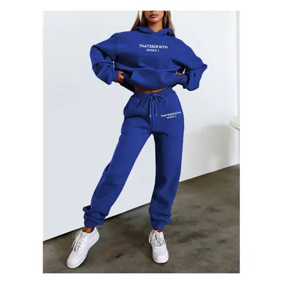 (Blue, S) Women's Letter Print Hoodie and Jogger Set Stylish Casual Fleece Loungewear Outfit