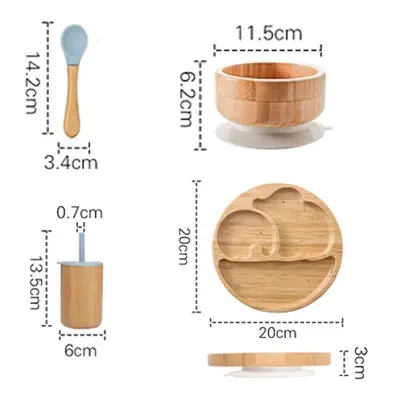 (4pcs Powder blue) Wooden Dinner Plate Feeding Supplies Bamboo Baby Tableware Silicone Suction P