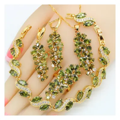 (8) Luxury Green Peridot Gold Jewelry Sets For Women Earrings Necklace Pendant Ring Bracelet Chr