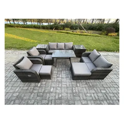 Fimous Outdoor Rattan Garden Furniture Set Seater Patio Lounge Sofa Set with Footstools Side Tab