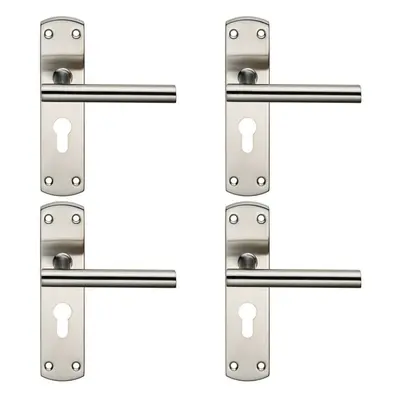 4x Mitred T Bar Lever Door Handle on Euro Lock Backplate x 44mm Satin Steel