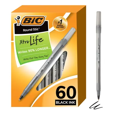 Round Stic Xtra Life Ballpoint Pens, Medium Point (1.0mm), Black, 60-Count Pack, Flexible Round 