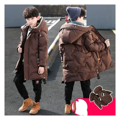 (brown, 170) Boys Winter Parka Thickened Down Jacket Top Long Warm Jacket With Warm Gloves Attac