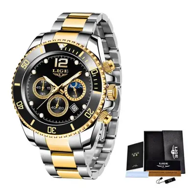 (Gold Black) LIGE Mens Watches Top Brand Luxury Clock Casual Stainless Steel Hour Moon Phase Men