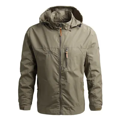 (Khaki, M) Men Windbreaker Winter Waterproof Camping Jacket Hooded Zip-Up Military Jackets Coat 