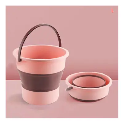 (L Pink) Portable Folding Bucket Multifunctional Thickened Silicone Bucket Outdoor Camping Car W