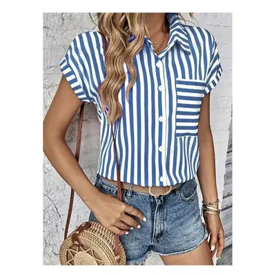 (Light Blue, S) Women's Blouses Summer V-neck Pocket Striped Printed Short Sleev Shirt For Women