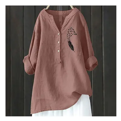 (HCY45, XXL) Women's Autumn Winter New Fashion Printed Button Up Shirt Long Sleeved Bamboo Linen