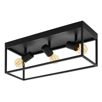 Flush ceiling Light Colour Black Open Metal Frame Box & Holders Bulb E27 3x40W