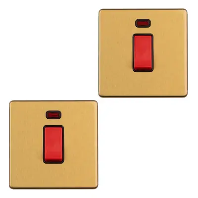 2 PACK Gang Single 45A DP Cooker Switch & Neon SCREWLESS SATIN BRASS Rocker