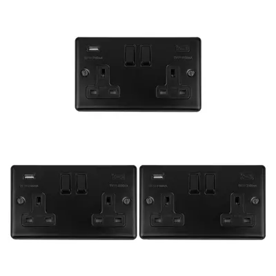 3 PACK Gang Double UK Plug Socket & Dual 3.1A USB-C MATT BLACK 13A Switched