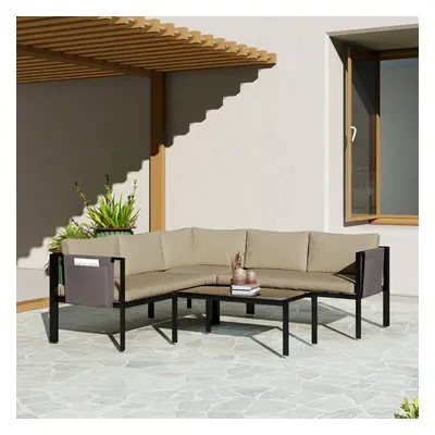 Outsunny Piece Garden Furniture Set w/ Breathable Mesh Pocket, Khaki