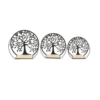 Set Of Tree Of Life Wall Mounted Wooden Display Shelf | Piece Black Metal Storage Shelves | Roun