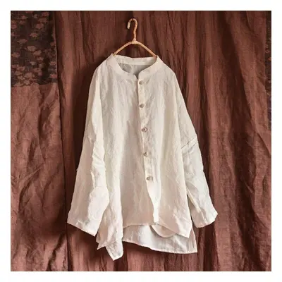 (white, One Size) Johnature Women Vintage Linen Button Coats Stand Solid Color Long Sleeve Loose