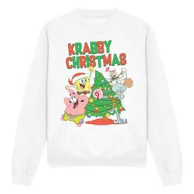 (S, White) SpongeBob SquarePants Unisex Adult Decorating Christmas Tree Sweatshirt