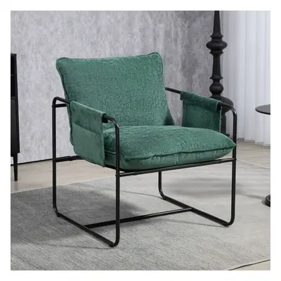 (Green) HOMCOM Upholstered Reading Chair with Side Pockets and Steel Frame