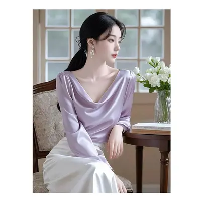 (PURPLE, XXXL) Satin Blouse Ladies New Spring Temperament Solid Color Long Sleeve Top Tee Simpli