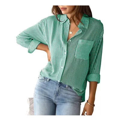 (green, L) Women's Blouse Stripe Shirt Patch Pocket Top Autumn Loose Relaxed Office Lady Long Sl