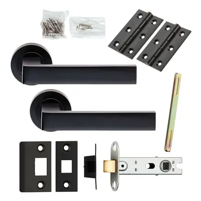 Door Handle & Latch Pack Matt Black Straight Square Lever Screwless Round Rose