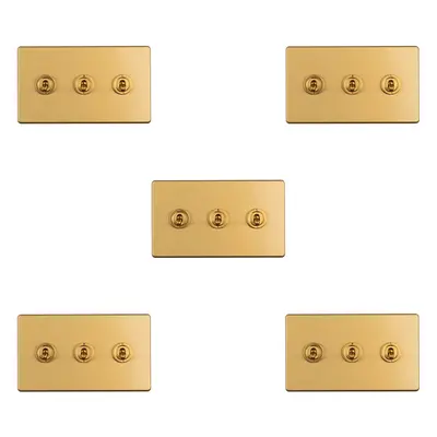 5 PACK Gang Triple Retro Toggle Light Switch SCREWLESS SATIN BRASS 10A Way