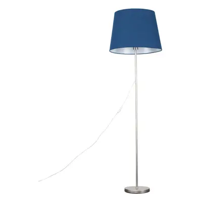 Modern Standard Floor Lamp in a Brushed Chrome Metal Finish with an Extra Large Navy Blue Tapere