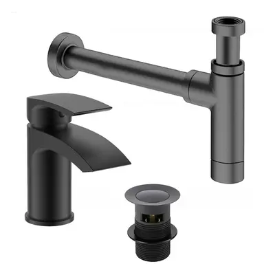 Modern Black Bathroom Basin/Sink Mixer Tap Incl Waste & Bottle Trap