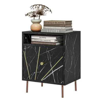 HOMCOM Modern Bedside Table with Drawer and Open Shelf Black Marble Effect