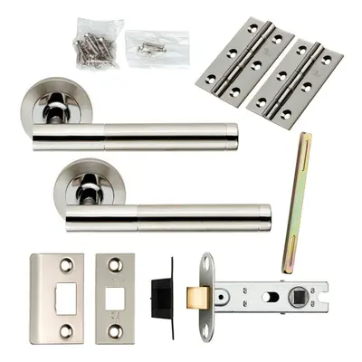 Door Handle & Latch Pack Polished & Satin Steel Round T Bar Screwless Rose