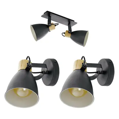 Twin Ceiling Spot Light & 2x Matching Wall Lights Black & Wood Shade Moving Head