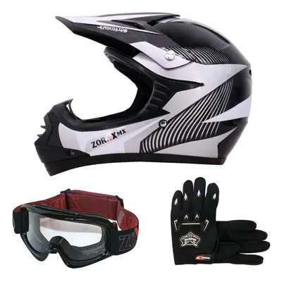 (White, XL) ZORAX X19 Kids Motocross MX Helmet Motorbike Gloves Goggles