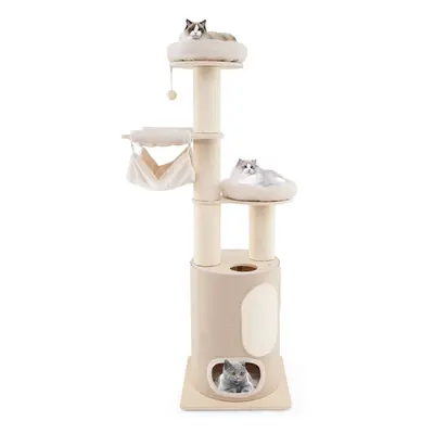 187 cm Tall Wooden Cat Tower Tree With 2-Story Cat Condo & Hammocks