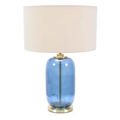 ValueLights Leigh Natural Shade Navy Blue Glass Gold Trim Table Lamp