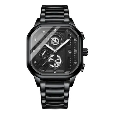 (silver,black) New Black Square Men&apos;s Watch Stainless Steel Multifunctional Sports Chronogr