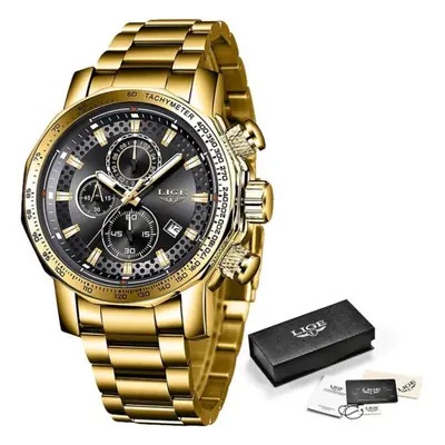 (Gold) Lige Men Luxury Chronograph Stainless Steel Watch