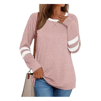 (L, pink) Women's Long Sleeved Shirt Spicy Girl Casual Round Neck Color Blocked Top Fashionable 