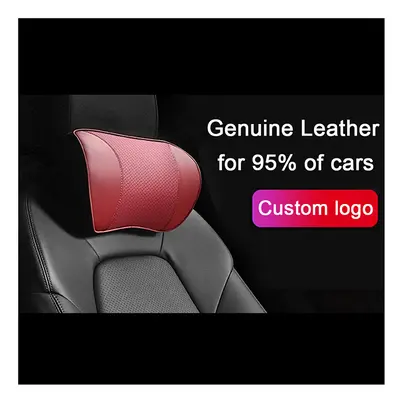 (For Hyundai Red) Genuine Leather Car Neck Pillow For BMW Audi Mercedes Land Rover Toyota